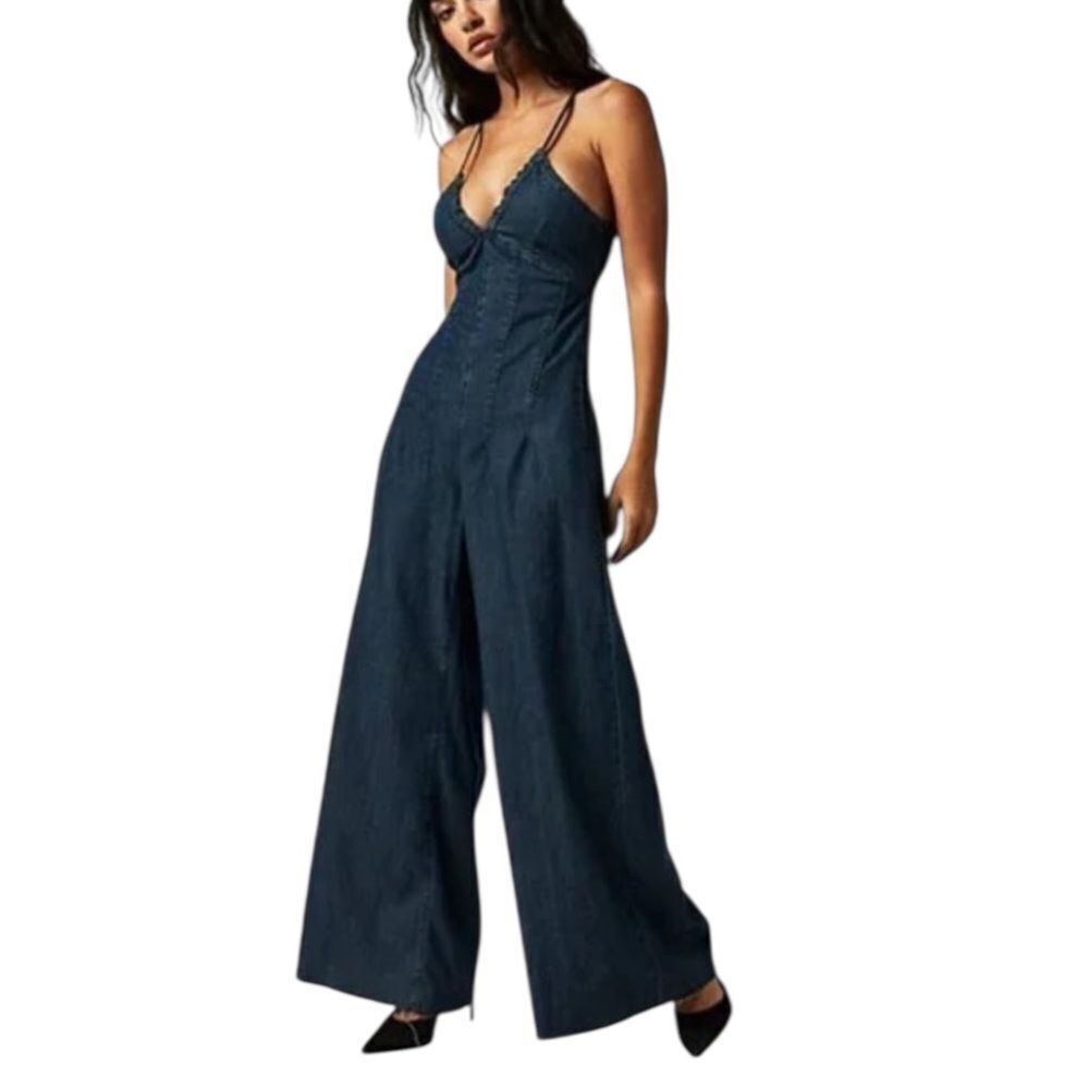 Free People CRVY Soul Ties One-Piece Denim Jumpsuit In Blues Traveler Size L